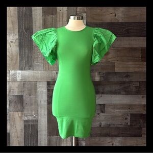Zara green midi dress medium form fitting flutter sleeve cocktail party boho